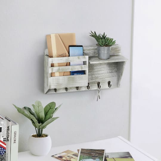 NEX™ Rustic Gray Wall-Mount Mail & Key Holder with 6 Key Hooks and Shelf